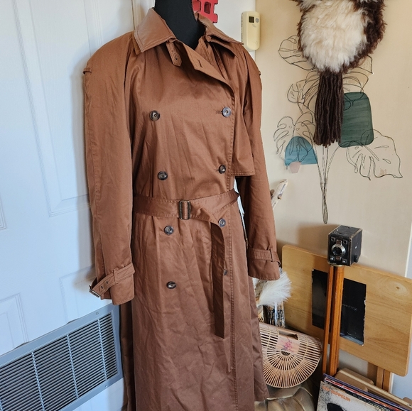 Vintage 80s 90s double breasted dark brown trench coat with leather - Picture 4 of 8